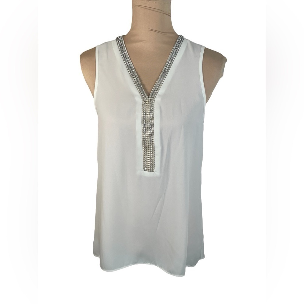 Embellished V-Neck Sleeveless Top - White